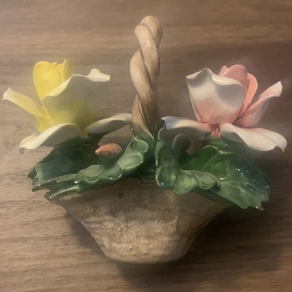 Vintage Nuova Capodimonte Porcelain Mini Basket Pink Yellow Flowers - Picture 3 of 7